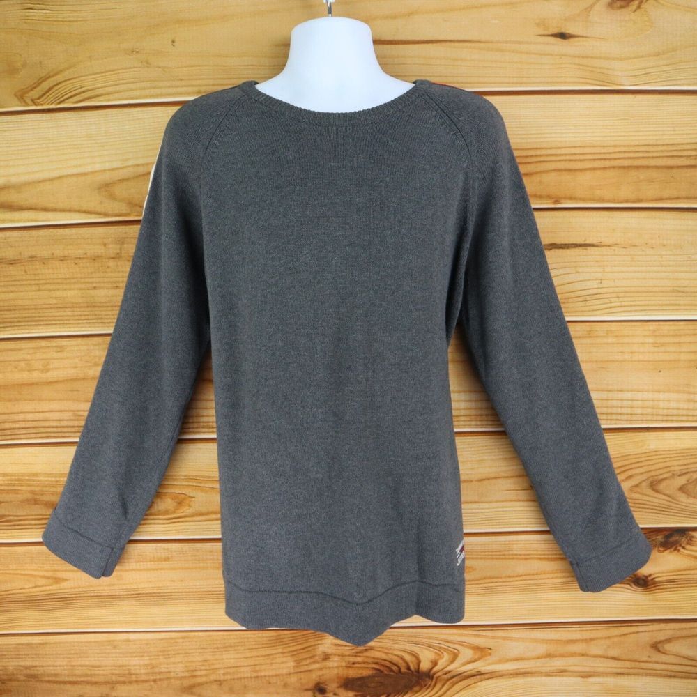 Tommy Hilfiger Tight Knit Sweater Men XL (20) Gray Red White Accents Long Sleeve